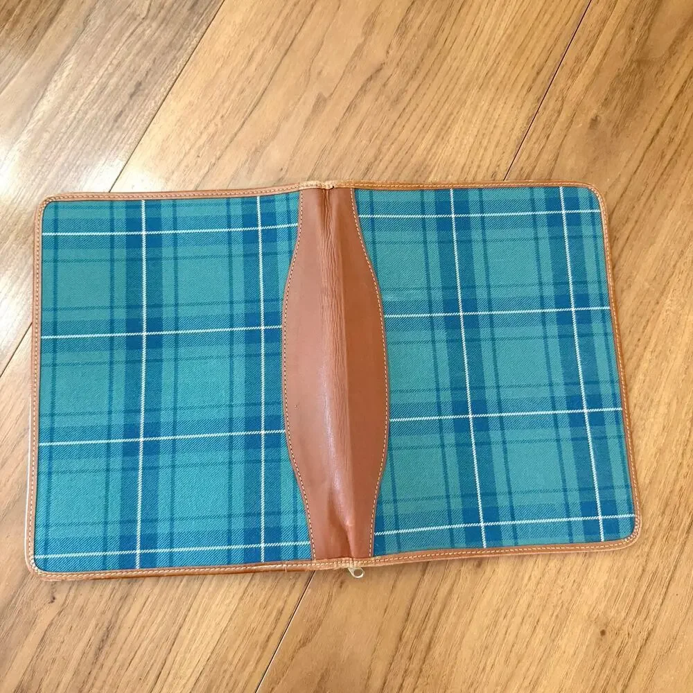 Vintage Laura Ashley Planner Plaid Fabric Leather Binding Zip Padfolio 13 x 10